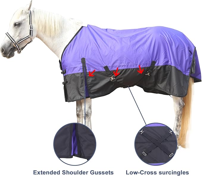 600 Denier Rip-Stop Horse Rain Sheet Lightweight Waterproof and Breathable Turnout Horse Blanket (No Fill) Violet/Black 72