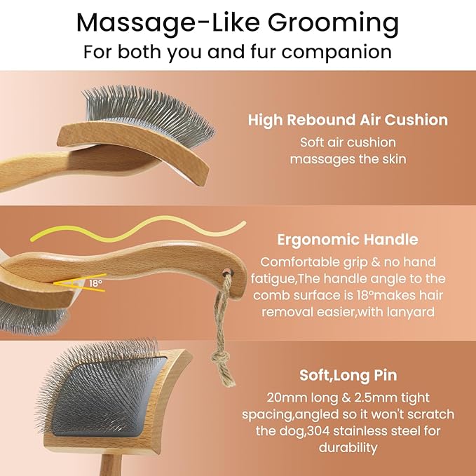 Dog Slicker Brush for Shedding,Dog Brush for Long Haired Dogs & Remove Tangles & Mats,Ergonomic Handle Grooming Like Professional,Beech Wood,S