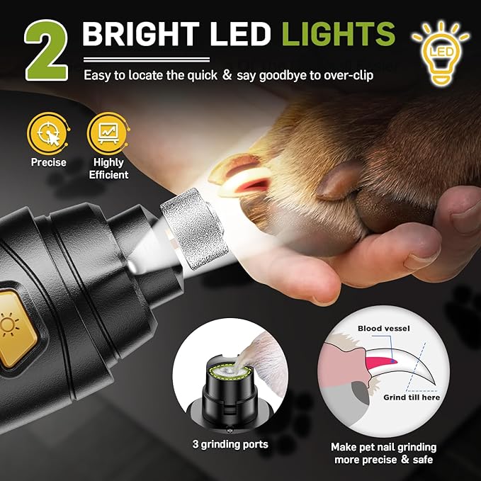 Dog Nail Grinder & Clipper 2-in-1 Set - 25dB Ultra Quiet with 3 Grinding Wheels & 2 LED Lights, Rechargeable for Large/Puppy Dogs & Cats, 3-Speed Adjustable for Anxious Pets