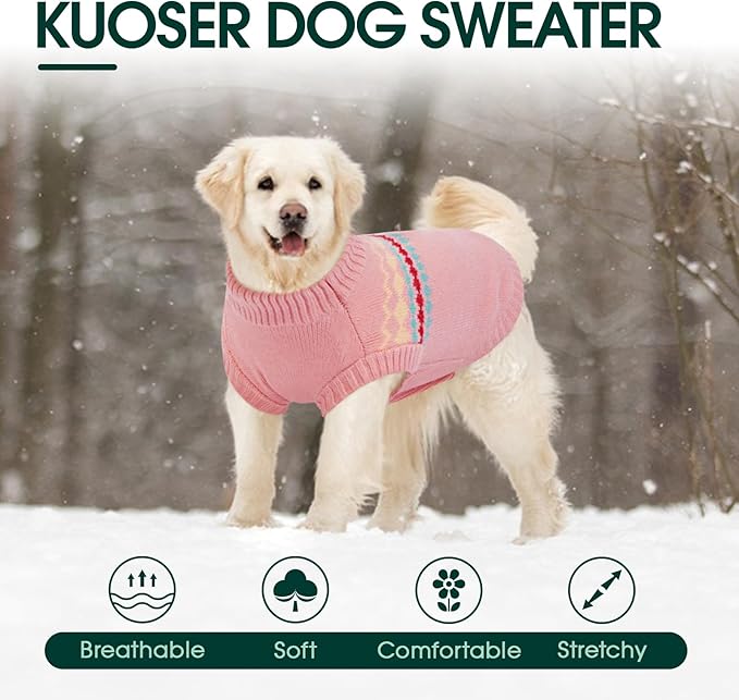 Kuoser Dog Sweater, Small Dog Sweater, Dogs Sweaters for Small Dogs Girl Boy, Thermal Puppy Christmas Sweaters Knitwear, Cold Weather Pet Winter Pullover Sweatshirt Apparel with Leash Hole, Pink XS