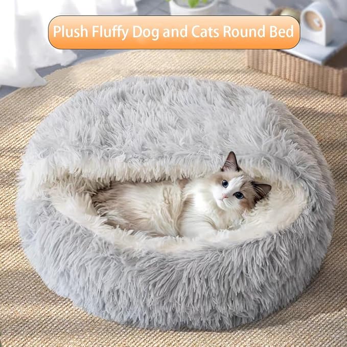 Plush Fluffy Dog and Cats Round Bed, Ultra-Soft Plush with Raised Rim, Non-Slip Bottom, Plush Cat Bed with A Cover, for Small Dogs and Cats (Pink, Large)