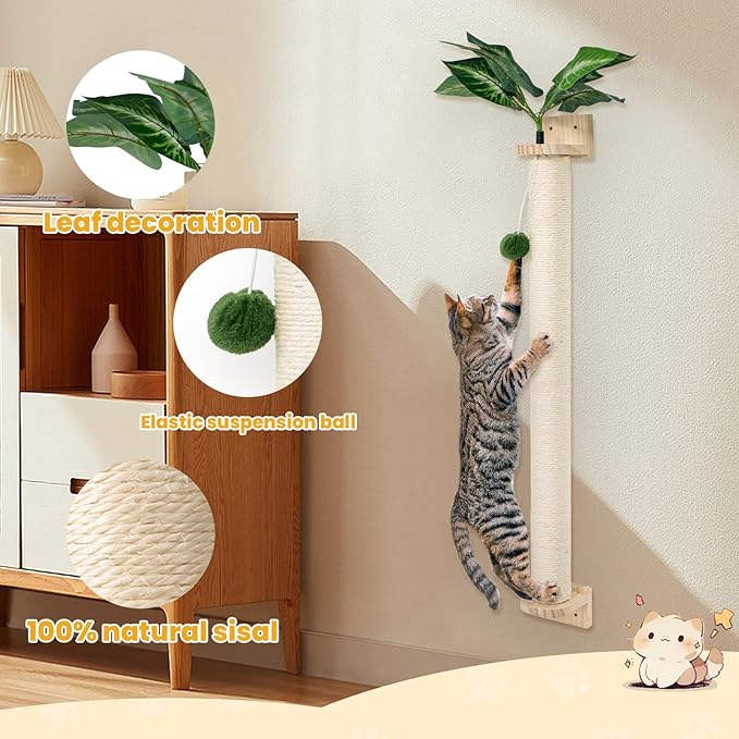 Wall-Mounted Cat Scratching Post with Hanging Ball, Cat Climbing Perch with Sisal & Plush, Space-Saving Cat Tree for Indoor Cats Adult