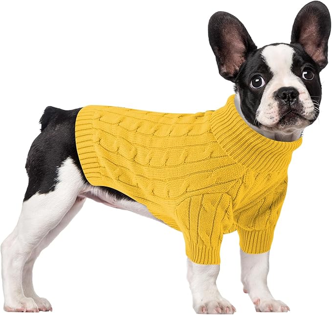 Small Dog Thermal Pullover Sweater, Classic Turtleneck Cable Knitwear Dog Clothes for Cold Weather Warm Pet Clothes for Chihuahua, Bulldog, Dachshund, Pug Yellow Large