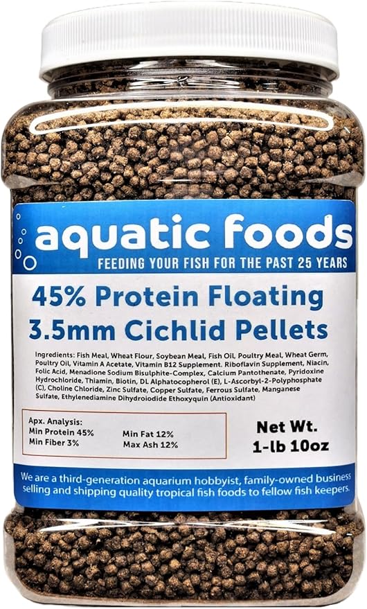 Aquatic Foods Inc. Cichlid Pellets, 45% Protein Floating 3.5mm (9/64") Pellets for Discus,Oscars, Central American, South American Cichlids…1-lb 10oz Med Jar