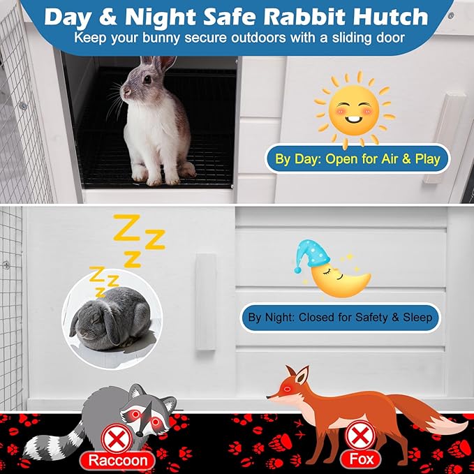 Rabbit Hutch Indoor Bunny Cage Outdoor Chicken Coop with Wire Floor Slide Out Tray, Chew-Resistant Ramp & Entrance Openable Waterproof Roof & UV-Resistant Roof Handle Wheels