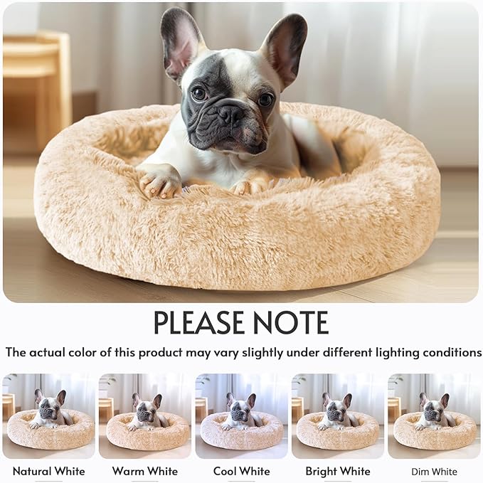 JOLLYVOGUE Calming Dog & Cat Bed for Large Dogs, Anti-Anxiety Donut Cuddler Cozy Soft Round Bed with Anti-Slip Bottom, Fluffy Faux Fur Plush Cushion Beds for Medium Dogs (36")