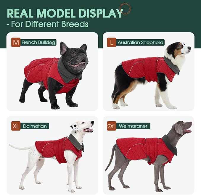 Kuoser Dog Coat, Super-Warm Dog Jacket Windproof Pet Cold Weather Coats for Extra Large Dogs, Fleece Lining Quilted Turtleneck Puppy Snowsuit Reflective Adjustable Doggie Winter Clothes, Red, 2XL