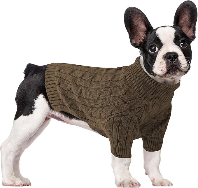 Small Dog Thermal Pullover Sweater, Classic Turtleneck Cable Knitwear Dog Clothes for Cold Weather Warm Pet Clothes for Chihuahua, Bulldog, Dachshund, Pug Tan Medium