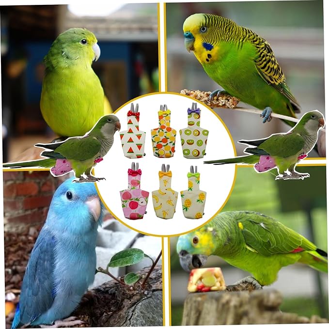 6PCS Washable Reusable Bird Diapers with Waterproof Lining & Adjustable Straps – Soft Parrot Diaper Clothes Costume Set for for Parakeets, for Budgies, for Mini Macaws (M)