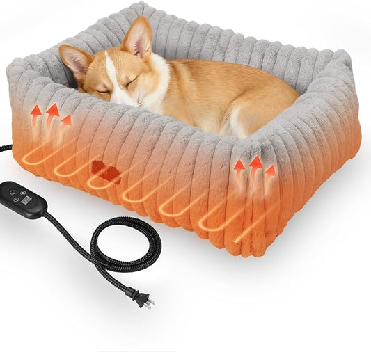 Heated Cat Bed Indoor, Pet Bed with 6 Temperature & 5 Timer Settings, Fluffy Cat Couch with Removable Machine-Washable Cover for Dogs Kitten Puppy in Winter, UL & FCC Certified, Medium, Grey