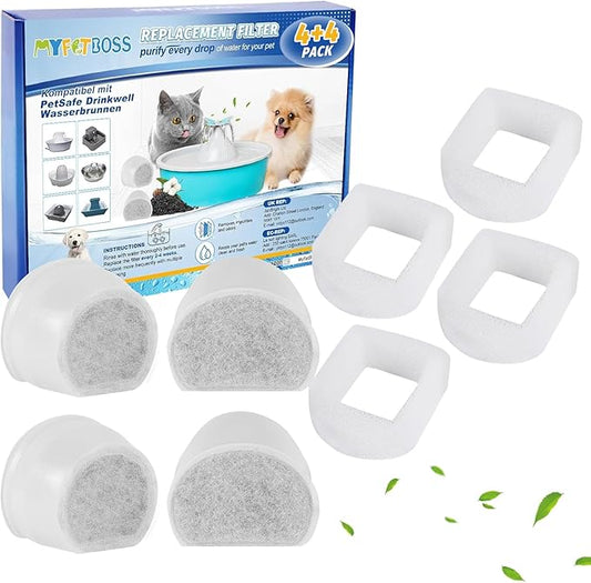 Cat Fountain Filter - Pre-Sponge & Carbon Filters Fit for Petsafe & Drinkwell Fountain - 4+4 Pack