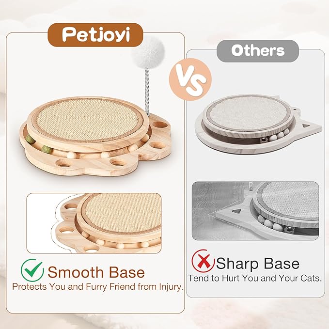 Cat Scratcher with Natural Sisal Pad, 3-in-1 Cat Scratching Board, 2-Tier Kitten Toys with Wooden Ball Track & Spring Ball -No Assembly Cats Activity Center, for Indoor and Outdoor