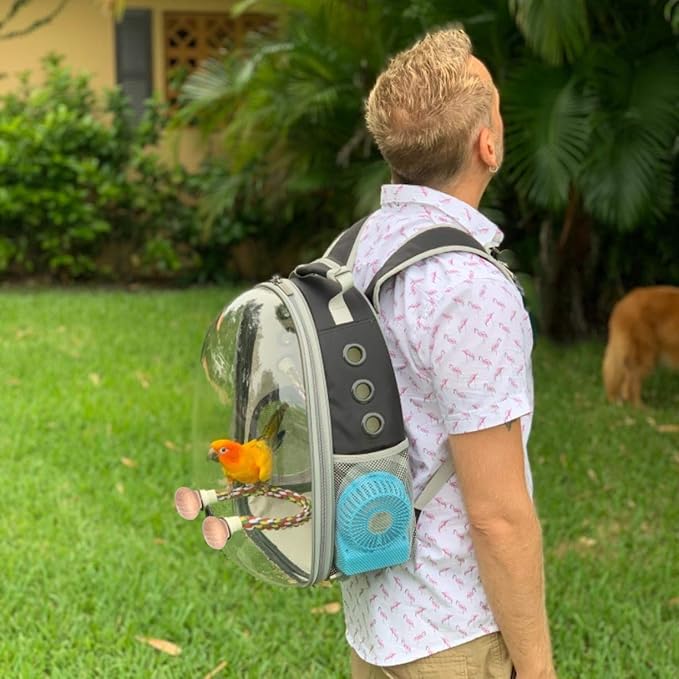 halinfer Bird Traval Carrier Cage, Polarized Tinted Brown Space Capsule Astronaut Backpack to Carry Parakeet Cockatiel Parrot with Metal Tray Wood Perch, Vet Transport Bag