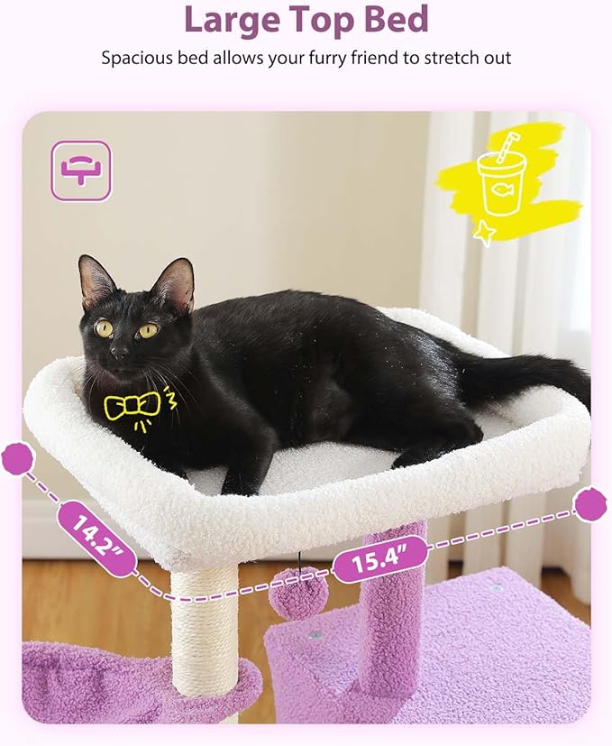 Cute Cat Tree - 35.4" Purple Cat Tower Cat Condo for Indoor Cats w/Removable Cloud Bed, Cozy Metal Frame Hammock, Sisal Scratching Post, and Replaceable Toy Ball, for Small-medium Cats, Purple