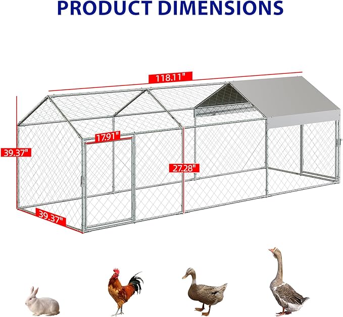 Metal Chicken Coop Run,Outdoor Walk-in Cage Peak Hen House with Waterproof and Anti-Uv Cover,Spire Roof Hen House with Security Lock for Outdoor,Backyard and Farm, 9.8 x 3.3 x 3.3 ft