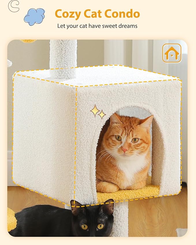 Cute Cat Tree - 35.4" Cloud Cat Tower for Indoor Cats w/Large Top Bed, Comfy Hammock for Kittens, Flower Platform, Cat Scratching Post, and Dangling Ball, White