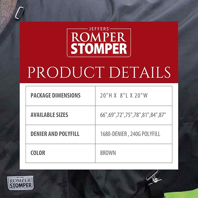 Jeffers Romper Stomper Turnout Blanket for Horses 72” - Durable 1680 Denier & 240g Mediumweight – Waterproof, Breathable Design, Adjustable Straps for Safety & Comfort, Ideal for milder Climate