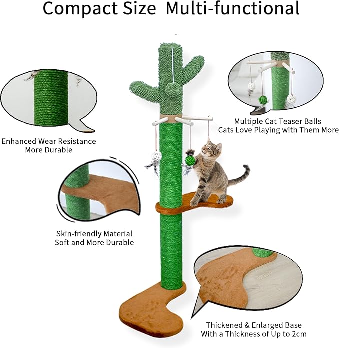 Meowoou Wall Mounted Cat Scratcher for Indoor Cats, 38 Inch Cat Wall Shelves with Scratching Posts and Pedal, Suitable for Adults Cats, Kitten and All Type of Cats Cactus