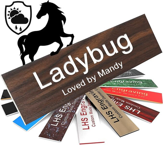 Horse Stall Name Plate, 2x8 Personalized Stall Signs, UV Protected, All Weather Adhesive, Hanging, Mounting or Other, Teak Plastic White Letters - Made in USA - N7