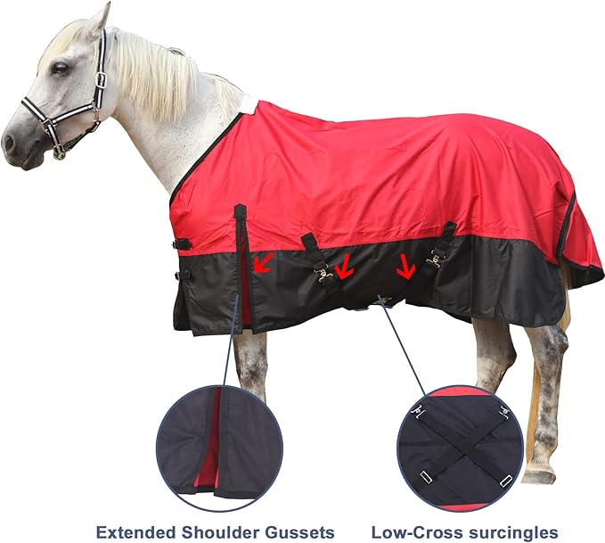 600 Denier Rip-Stop Horse Rain Sheet Lightweight Waterproof and Breathable Turnout Horse Blanket (No Fill) Red/Black 75