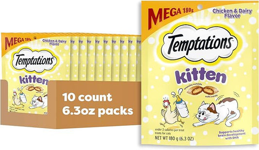 Temptations Kitten Crunchy and Soft Cat Treats Chicken and Dairy Flavor, 6.3 oz. Pouch, (Pack of 10)