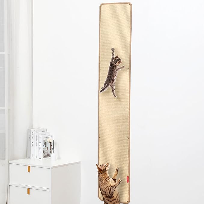 66.93x13.38x0.32 inch Thickened Cat Wall Scratcher Carpet, Cat Climbing Wall, Durable Cat Wall Furniture, Tall Cat Scratching Post, Wall Scratchers for Indoor Cats Sofa Protector (Brown-Velcro Strap)