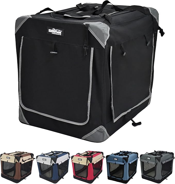 EliteField 4-Door Folding Soft Dog Crate with Curtains, Carrying Bag and Fleece Bed (2 Year Warranty), Indoor & Outdoor Pet Home (24" L x 18" W x 21" H, Black+4 Door Curtains)