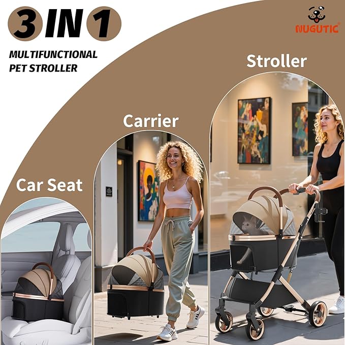 Pet Stroller with 4 Wheels, Dog Stroller with Detachable Carrier, One-Click Folding Pet Travel Carrier for Small, Medium Dogs Cats up to 50lbs, 3 in 1 Multifunctional (Khaki)