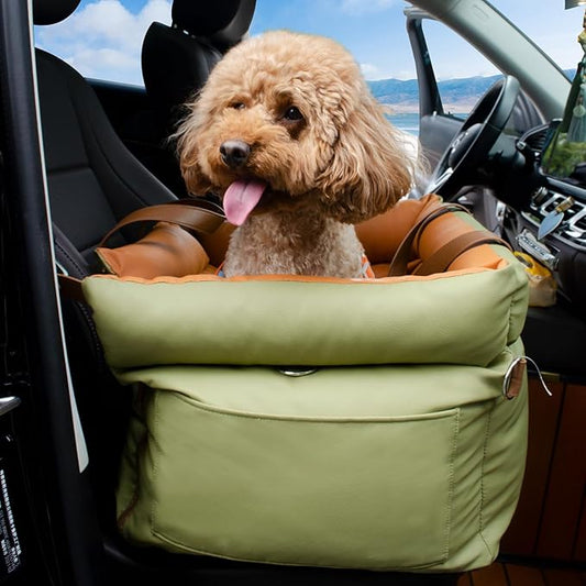 Dog Car Seat for Large Dogs, Large Leather Dog Car Bed with Storage Pocket, Waterproof PVC Leather Booster Seat Travel Bed for Front & Back Seat, Clip-On Safety Leash (Green/Brown)