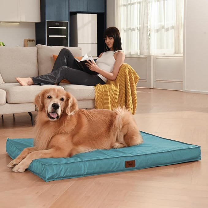 Outdoor Dog Bed for Small Dogs & Cats, Waterproof Dog Crate Mat Orthopedic Egg Crate Foam with Washable Removable Oxford Cover, Light Blue