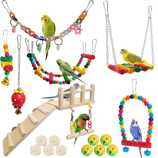 Hamiledyi 17Pcs Parrot Swing Toys Perches Platform with Bird Climbing Ladder Chewing Hanging Standing Colorful Toys Cage Accessories for Parakeet, Conure, Finch, Lovebirds, Budgie, Canary