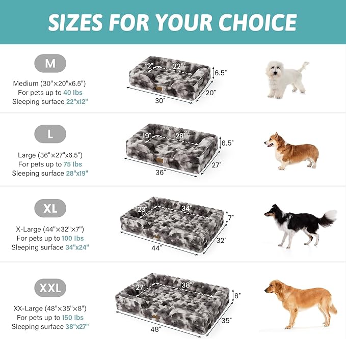 Faux Fur Orthopedic Dog Bed, XL Pet Couch for Large Dog, Big Supportive Foam Bolster Sofa with Waterproof Lining Cover, Anti-Slip, Soft, Warm, Washable, C-Shaped, 44x32x7 inch, Tie-dye Grey