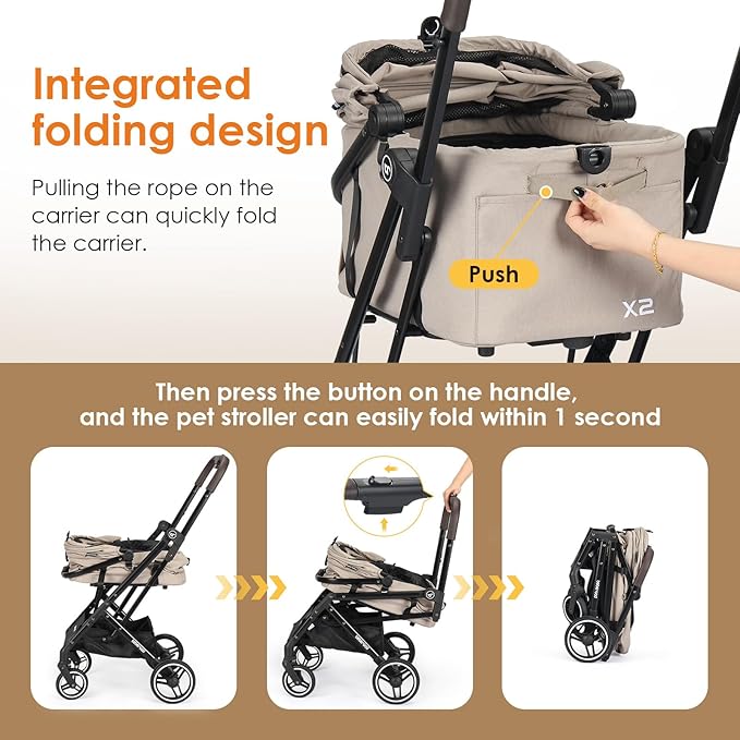 X2 Pet Stroller, Dog Cat Stroller for Small Pets, Equipped with Detachable & One-Click Folding Carrier, Waterproof Pad & Sunshade Canopy,Camel