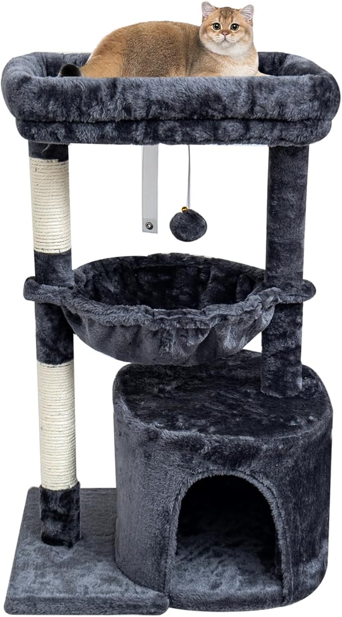 SYANDLVY Small Cat Tree for Indoor Cats, Cat Tower with Scratching Post, Modern Cat House with Padded Perch, Kittens Condo with Cradle, Smoky