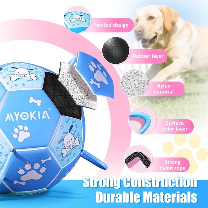 Size 2 Blue Dog Soccer Ball with Straps Eye-Catching Bone and Paw Print Design, Ultra-Durable Training Ball for Pets Interactive Outdoor Dog Toy, Perfect for Small to Medium Puppies