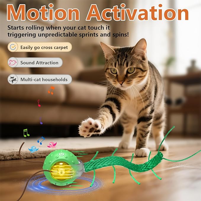Interactive Cat Toys for Bored Cats, with Chirping, Centipede Motion Wake-up Super Motor Cat Ball on Rug