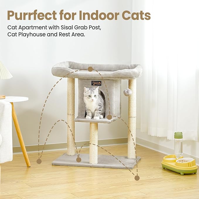 Small Cat Tree Tower for Indoor Large Cats, Cat Scratching Post with Big Perch Bed, 28in Tall Trees House with Condo Cave, Toy Balls, Modern Climbing Furniture Big Platform for Kitten (Light Gray)