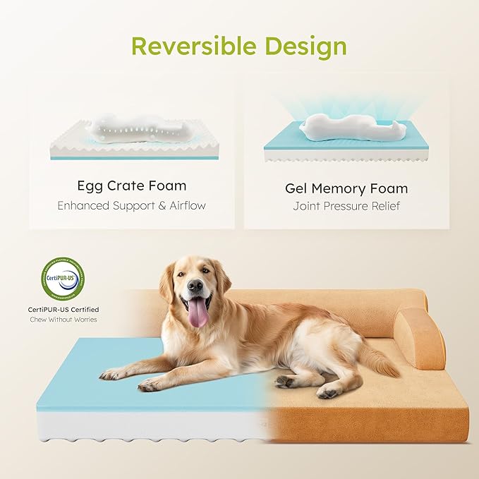 XL Plus Orthopedic Dog Bed, Big Dog Bed for Large Sized Dogs, Dual-Sided Pet Cooling Beds with Memory Foam Washable Cover Nonslip Bottom, Waterproof Pet Couch with Bolster, Brown