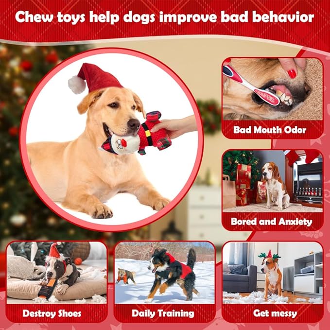 SZEE Christmas Dog Toys, 3 Pack Plush Squeaky Chew Toys for Medium & Big Dogs, Funny Dog Idea, Interactive Pet Playthings for Mental Stimulation - Santa, Reindeer, Snowman