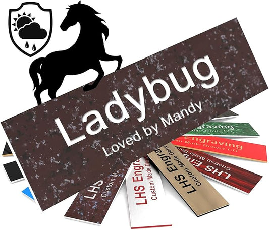 Personalized Horse Stall Name Plates, 2x10 Horse Stall Signs with Adhesive, All Weather UV Protected, Cranberry Marble Pattern Plastic White Letters - Made in USA - S5