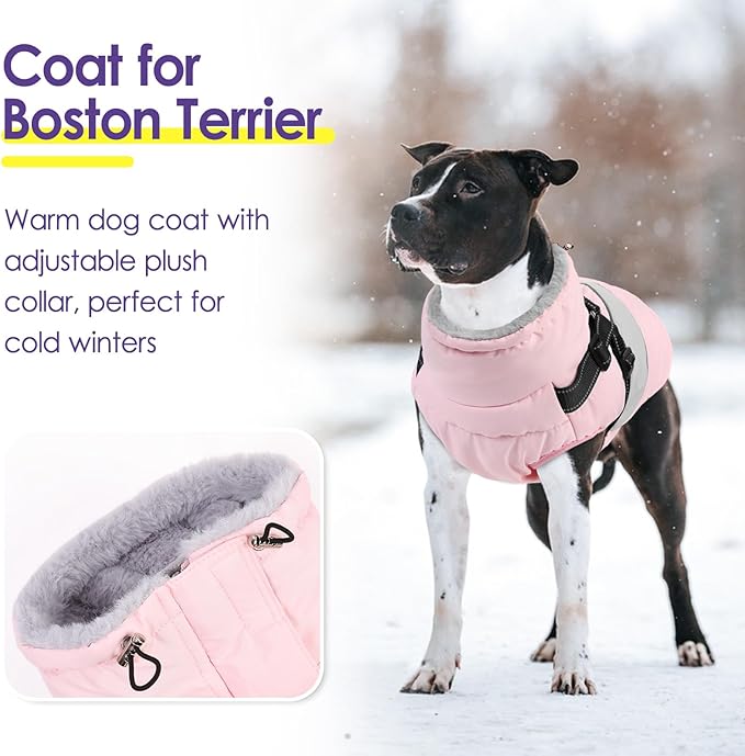 SUNFURA Dog Coat, XXL Dog Jacket Winter with Harness Built in, Waterproof Pet Snow Jacket with Furry Collar for Chilly Day, Reflective Fleece Snowsuit for Extra Large Dogs, Pink 2XL