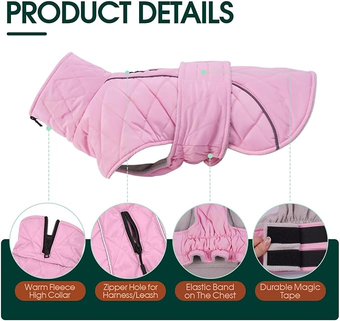 Kuoser Dog Coat, Super-Warm Dog Jacket Windproof Pet Cold Weather Coats for Extra Large Dogs, Fleece Lining Quilted Turtleneck Puppy Snowsuit Reflective Adjustable Doggie Winter Clothes, Pink, 2XL