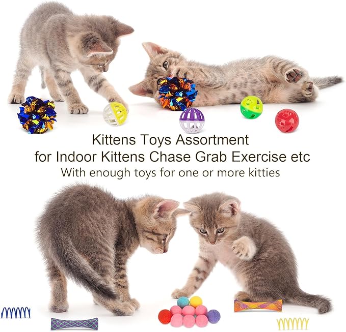 Retro Shaw Cat Toys Pack with Tunnels, Interactive Kitten Toys for Indoor Cats Kitty, Kitten Tube Tent Feather Wand Teaser Bell Fuzzy Ball Crinkly Springs Mouse (33 Pcs Large Cat Tunnel Toys Set)