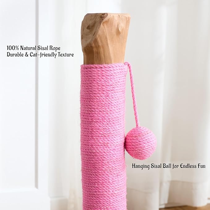 29" Tall Cat Scratching Post with Sisal Scratcher, Extra-Stable & Natural Solid Rubber Wood Base, Hanging Ball Toy for Indoor Cats Adults & Kittens, Pink