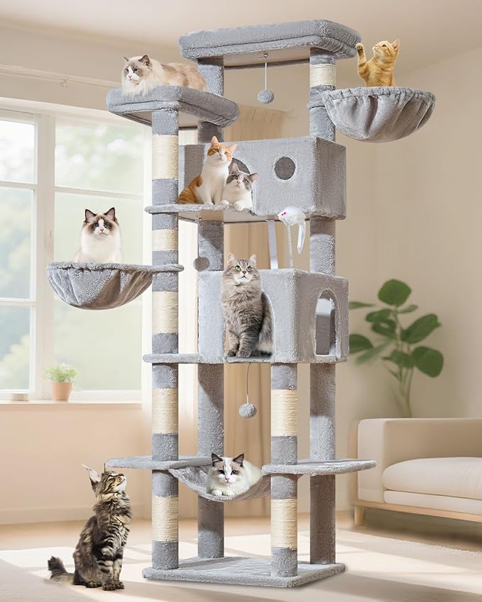 Taoqimiao Tall Cat Tree, 76-Inch Cat Tower with Scratching Posts，Sturdy Cat tree for Indoor Cats Large Adult with 2 Condos, 2 Perches, 2 Hanging Baskets, Hammock, 8 Scratching Posts, MS046W Light Gray