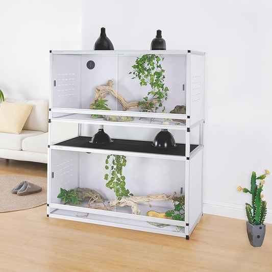 PVC Reptile Terrarium 44''x20''x20''Stackable Space Efficient ToxiRium Large Reptile Terrarium 76 Gallons for Bearded Dragon Gecko Lizard Snake,Vivarium with Sliding Doors Lock-2pcs with spacers