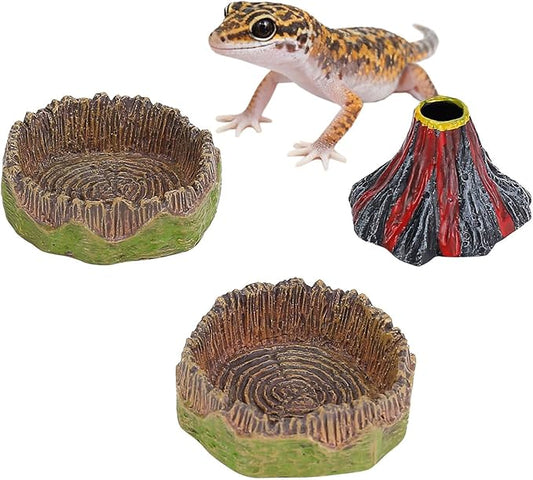 Small Reptile Feeding Dish 2Pack Gecko Food Water Dispenser Worm Bowl with Resin Volcano Decor for Terrarium Leopard Crested Gecko Juvenile Bearded Dragon Lizards Cricket Dubia Feeder