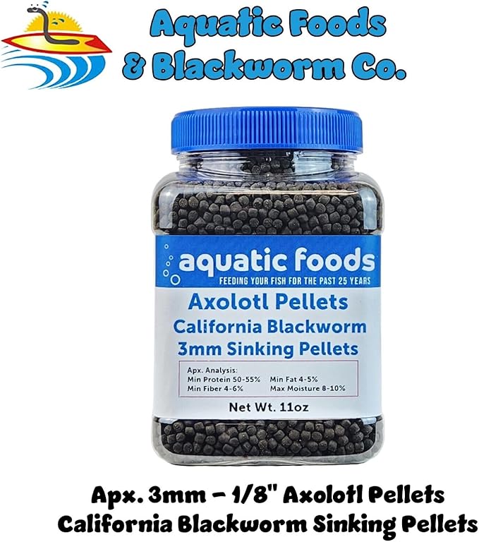 Aquatic Foods Inc. Axolotl Blackworm Pellets. 3mm-1/8 Sinking California Blackworm Medium Pellets for Medium/Large Axolotl, Frogs, Shrimp, Salamanders, Newts, Snails…11oz Jar