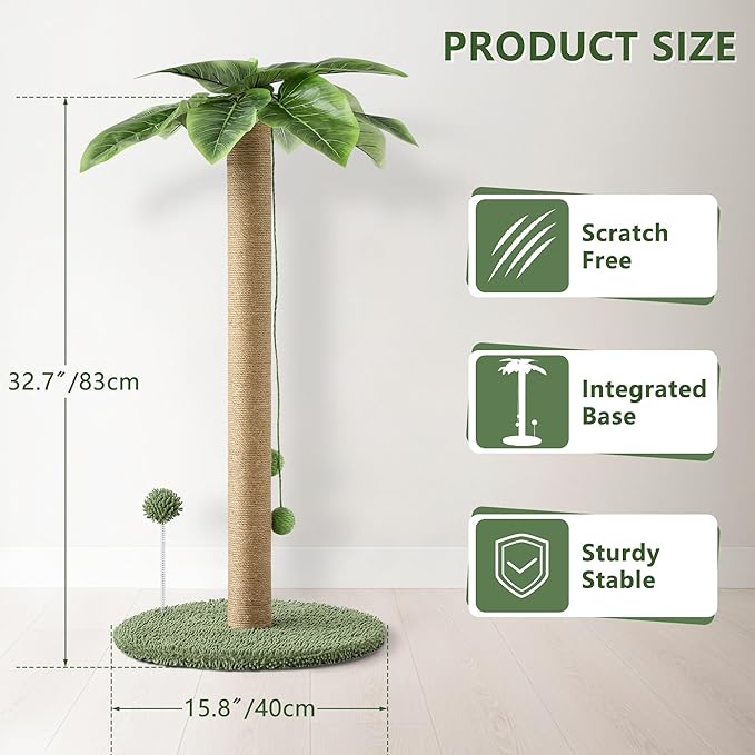 KIGOTY Cat Scratching Post Cat Scratcher, 33 inch Tall Scratching Post with Sisal Rope,Cute Cat Tree with Hanging Interactive Ball, Spring Ball Toys