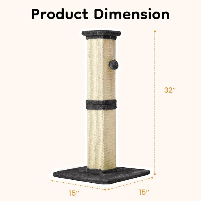 Indoor Cat Scratching Post: 32 in Tall Cat Scratcher with Natural Sisal Rope, Kitty Pet Tower with Sturdy Wood Base and Hanging Ball Toy, Great Gift for Small and Large Kittens, Grey